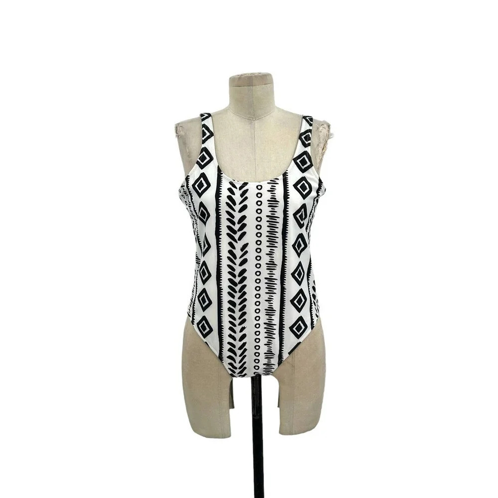 Chubbies One Piece Swimsuit White Black Tribal Geometric Print Size XL